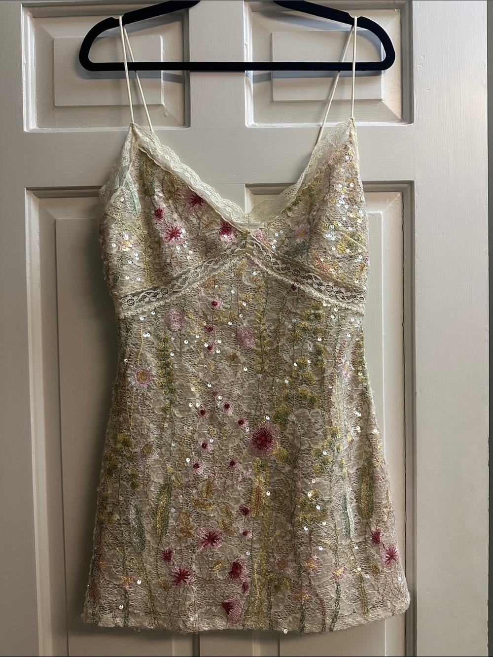 Altar'd State Pale Yellow Lace & Sequin Mini Dress with Embroidery